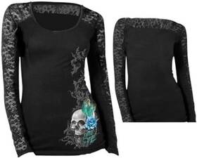 T20329s Lethal Threat Womens Long Sleeve Shirt Peacock Feather Skull Lace Sleeves